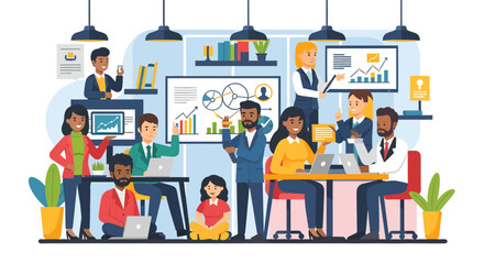 Diverse team collaborating in a modern office analyzing charts and using laptops.