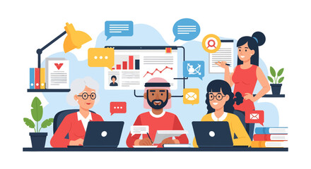 Diverse Team Collaborating on Business Strategy with Digital Communication Tools.