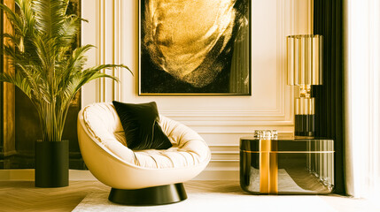Elegant living room with beige chair and gold decor