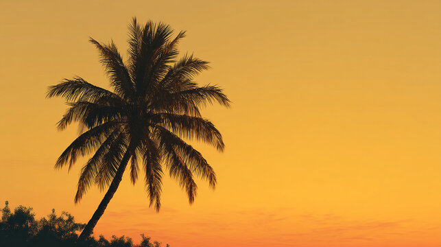 A silhouette of a palm tree against a warm orange and yellow sunset sky in the background