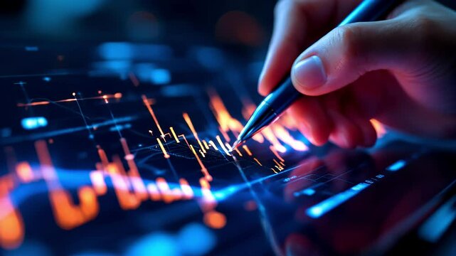 Hand Writing On Digital Tablet With Orange And Blue Data Analysis Chart And Screen