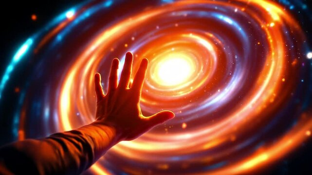 Hand Reaching Into Glowing Spiral Vortex