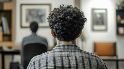 Young male with curly hair in office setting facing mature colleague in meeting