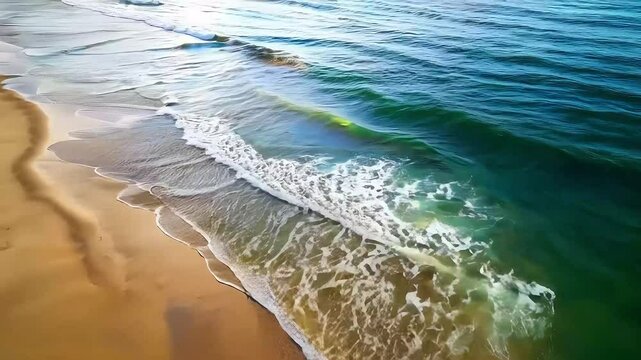 High Angle View Of Sandy Beach And Turquoise Ocean Waves