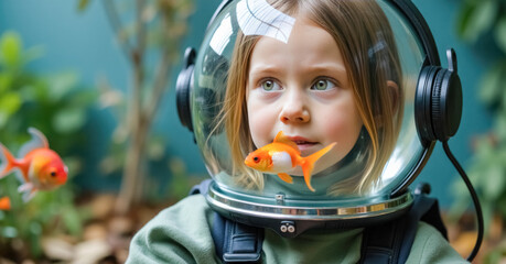 Blonde child exploring underwater world with goldfish in helmet
