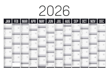 Year 2026 black and white horizontal wall calendar, English language, vector template