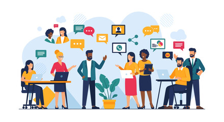 Diverse team collaborating with laptops speech bubbles and potted plant.