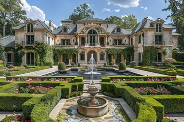 A large estate yard with a rose garden, a decorative fountain, and manicured hedges surrounding a luxurious mansion. 