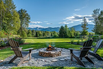 A large, open yard with a family-sized fire pit, Adirondack chairs, and a view of the mountains in the distance. 