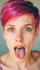 Young caucasian female with pink hair and tongue piercing expressing surprise