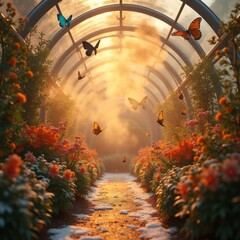 A luminous forest tunnel glowing with pink and orange light, filled with butterflies and floating lanterns, creating a whimsical, dreamlike atmosphere. Generative, AI,