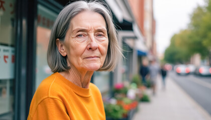 Elderly caucasian woman with gray hair in orange sweater on city street