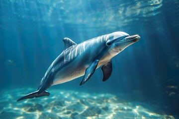 A majestic dolphin swimming effortlessly through the water, its body and tail fins visible in a close-up shot. -