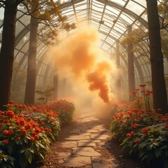 A luminous forest tunnel glowing with pink and orange light, filled with butterflies and floating lanterns, creating a whimsical, dreamlike atmosphere. Generative, AI,