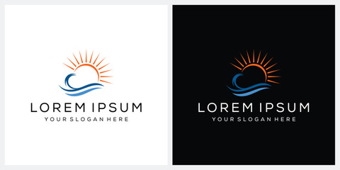 ocean wave sea beach and sunlight logo design graphic vector icon