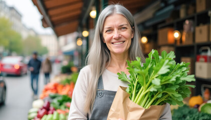 Smiling mature caucasian female with fresh vegetables at outdoor market