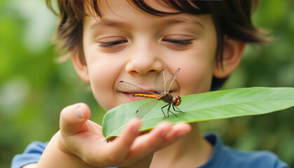 Young caucasian boy observing dragonfly on leaf in nature
