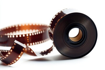 Obraz premium Curved Undeveloped Film Roll on a White Backdrop: A Closeup of Cinematic Equipment