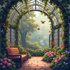 A tranquil greenhouse with tall windows, vibrant orange flowers, lush greenery, and butterflies, bathed in sunlight streaming through the glass roof. Generative, AI,