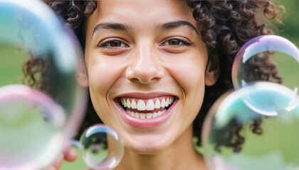 Smiling young african female with bubbles in nature