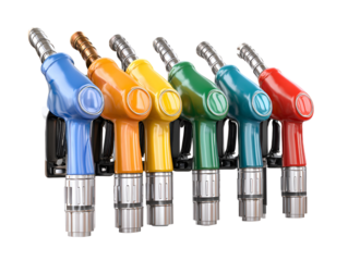 Colorful fuel nozzles at gas station