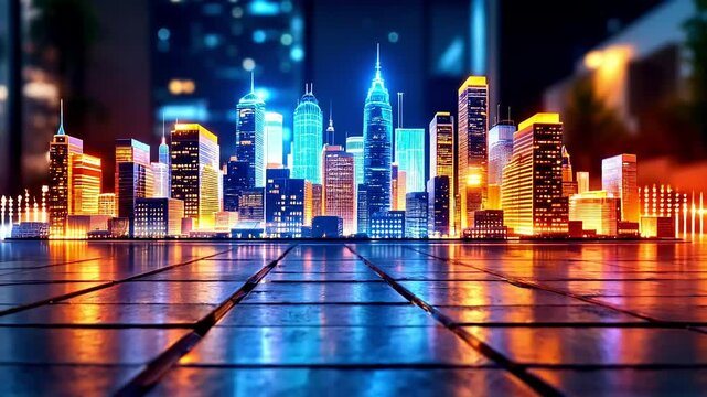 Illuminated Cityscape At Night With Vibrant Buildings and Metallic Surface Reflection