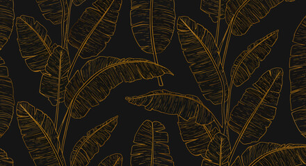 Golden outlined banana leaves pattern on a dark background tropical foliage.