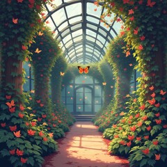 A tranquil greenhouse with tall windows, vibrant orange flowers, lush greenery, and butterflies, bathed in sunlight streaming through the glass roof. Generative, AI,
