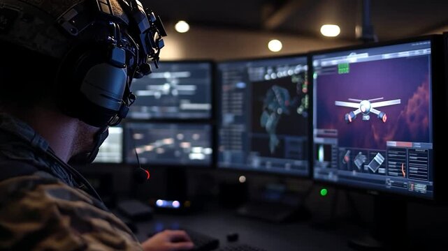 Operator in Tactical Headset Controls Computer System Displaying 3D Drone Graphics in Dark Environment - Powered by Adobe