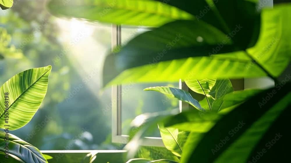 Poster Sunlit Foliage Serenity: Lush green leaves cascade in front of a window, creating a beautiful sunlit scene that evokes a sense of tranquility and a connection with nature.