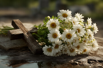Floral Tribute: A poignant arrangement of delicate daisies rests gently upon a rustic wooden cross, conveying themes of remembrance, peace, and reverence in a serene setting.