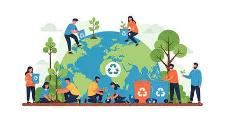 Naklejka premium Illustrated people planting trees and recycling on a stylized Earth.