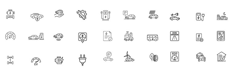 Electric Vehicle & Charging Stroke Icon Set. Featuring EV Car, Plug-In Station, Battery, Solar Power, and more. Editable Outline Icons.