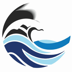 A stylized vector illustration of a crashing wave, rendered in shades of blue and black, conveying movement and the power of water.