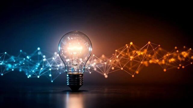 Lit Glass Lightbulb Amidst Blue And Orange Connected Network Lines On Dark Background