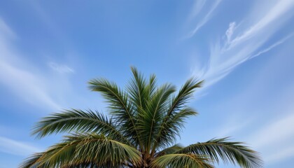 a tropical scene featuring a palm tree prominently in the center of the frame against a bright blue sky with scattered clouds.