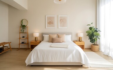 Fototapeta premium Luxury hotel bedroom interior with comfortable bed, contemporary furniture, and elegant decor