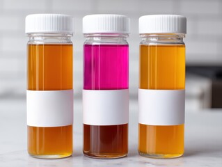 Three small glass bottles with white caps, each filled with different colored liquids: two amber shades and one bright pink, all with blank white labels.