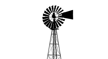 The stark silhouette of a classic windmill against a bright white backdrop, creating a striking image.