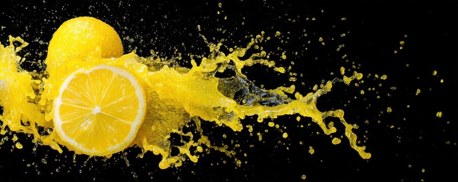 Fresh lemons and a lemon slice splash vibrant yellow juice dynamically against a black background.
