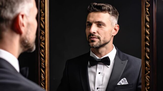 Suave man adjusts his bowtie in a mirror reflecting a refined formal elegance