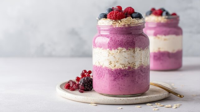 Two jars of layered berry smoothie parfaits topped with fresh berries and oats on a light surface.