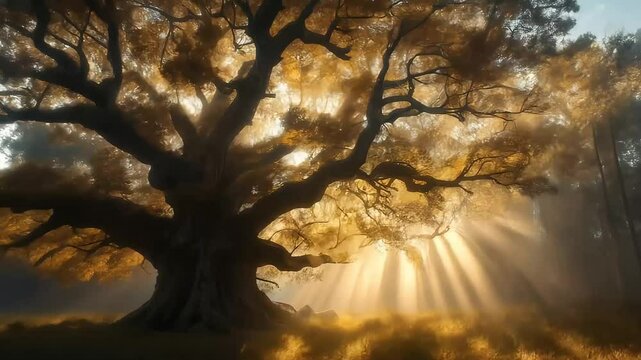 Majestic Oak Tree Illuminated By Golden Sunlight Breaking Through Mist in a Forest Landscape