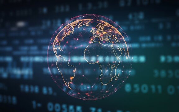 Global digital network connection with binary code background illustrating data flow across the planet