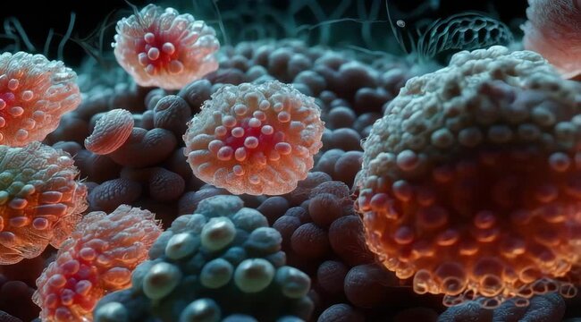 Microscopic Cells Glowing In Dark Background