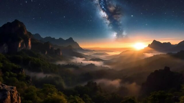 Misty Mountain Valley Sunrise With Milky Way