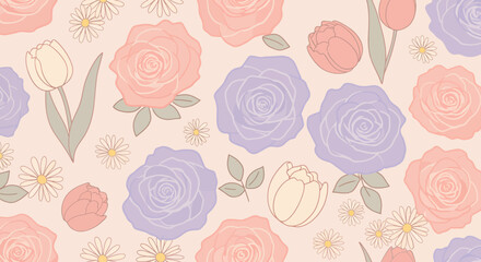 Pastel Floral Pattern with Roses Tulips and Daisies in Soft Colors 1.