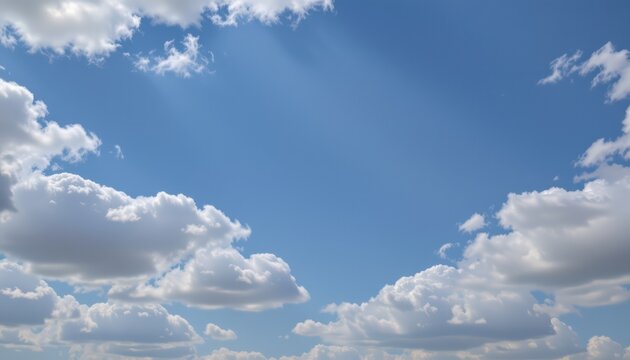 a wide angle skyscape photograph features a bright blue sky with scattered white clouds, illuminated by sunlight, creating an expansive and serene atmosphere.