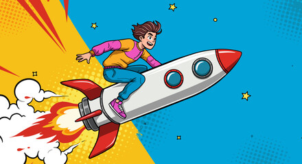 Boy Riding Rocket to the Stars Pop Art Style Illustration