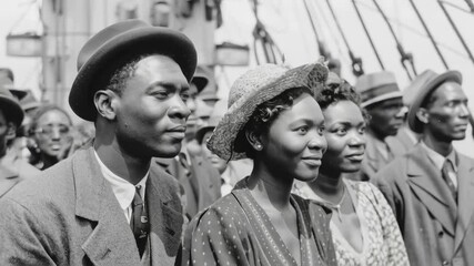 A vintage black and white of Caribbean citizens arriving on a boat to the UK after the war